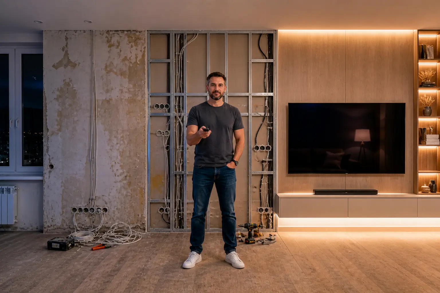 tv wall before after renovation