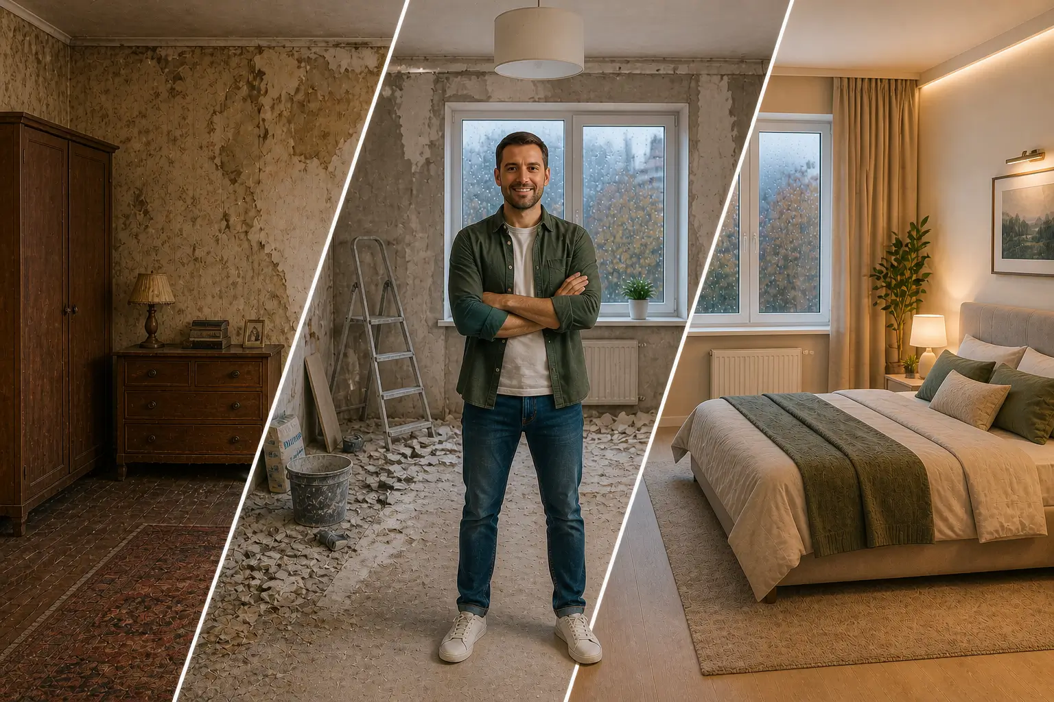 bedroom before after renovation diagonal split