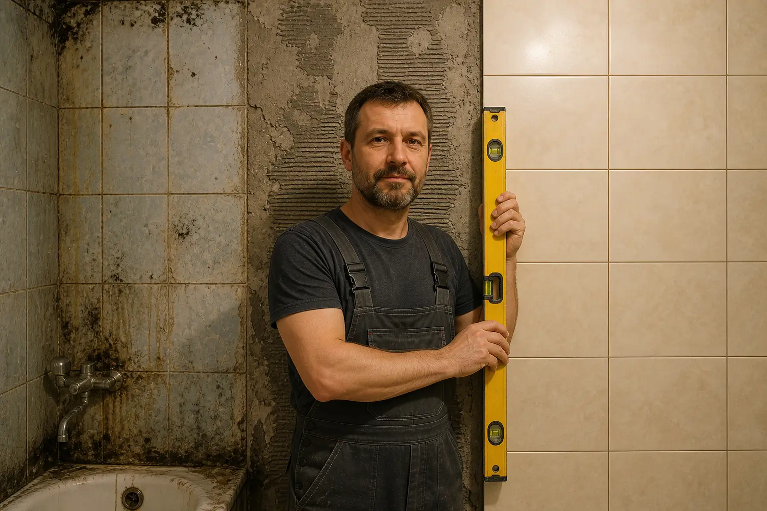 bathroom tile stages with level tool