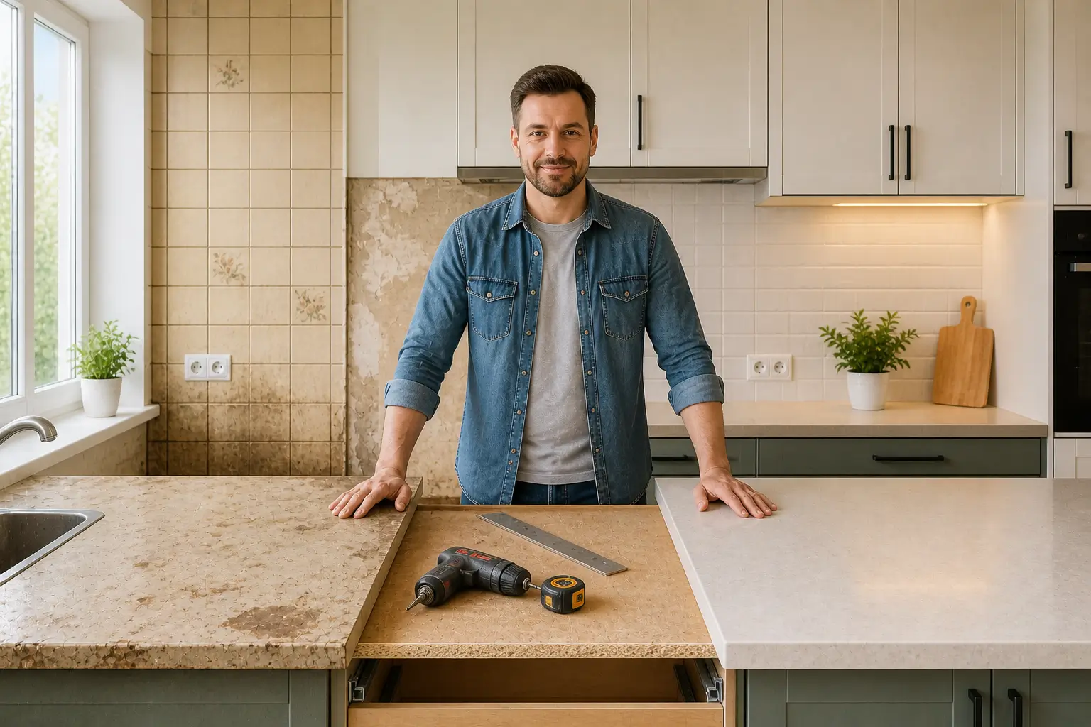 kitchen countertop before after stages